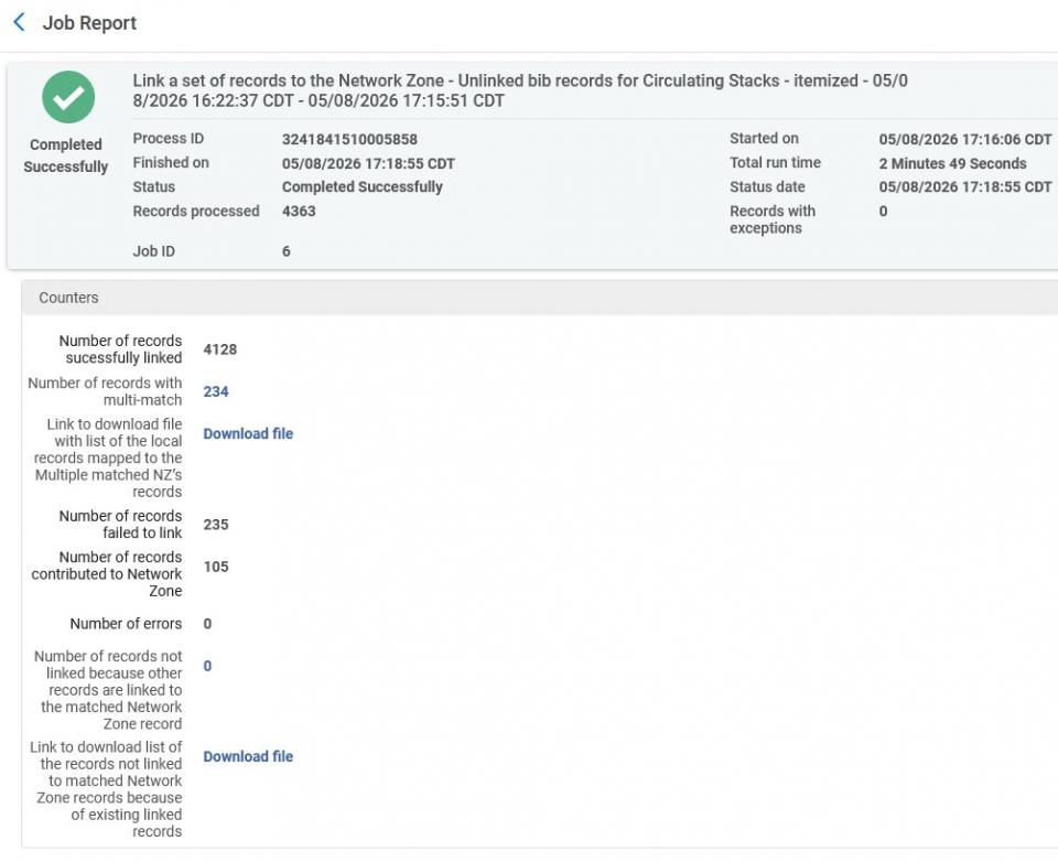 The report screen for the Link a set of records to the Network Zone job provides counts on records linked and not linked and output files for review.