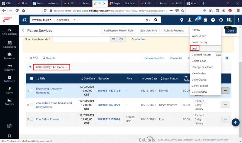 Screenshot of selecting an item that is lost