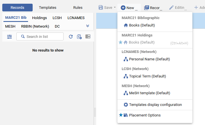 An image of the Alma metadata editor, selected for working with Records, and with the New menu expanded to select Placement Options.