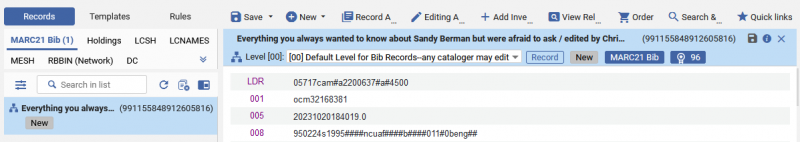 An image of the top portion of the Alma metadata editor with a new, draft copy of a MARC record visible.