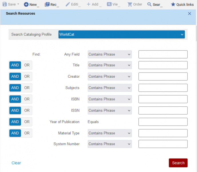 An image of the Alma metadata search resources form set to search WorldCat.