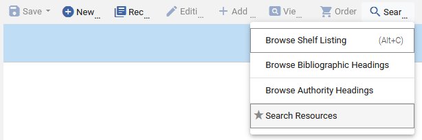 An image of the Alma metadata editor with the Search & Browse menu expanded to the Search Resources option.