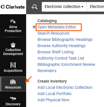 The Alma Resources menu and location of Open Metadata Editor option.
