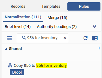 The metadata editor list panel is filtered for normalization rules with name matching "956 for inventory."