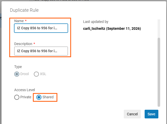 Set the rule name and description to IZ Copy 856 to 956 for inventory, then select Shared.