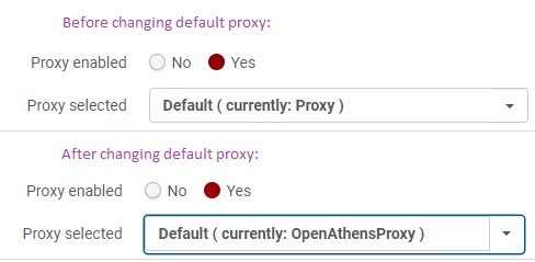 Before and after images of the proxy settings on an electronic service, showing how Alma recognizes that the default proxy has been changed. The before image shows proxy selected as "Default (currently: Proxy)." The after image shows proxy selected as "Default (currently: OpenAthensProxy)."