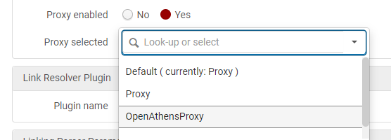 An image of the proxy selection list for the electronic service editor screen that shows a default option, an option labeled "Proxy," and an option labeled "OpenAthensProxy."