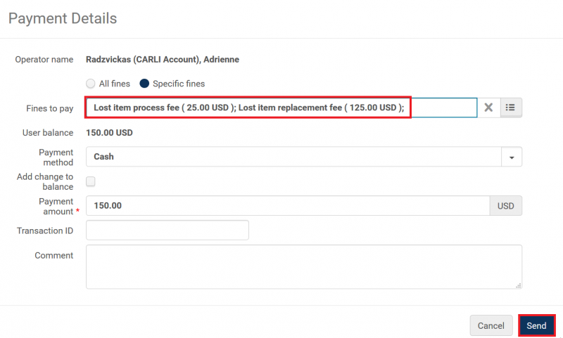 Screenshot of selecting fines and fees