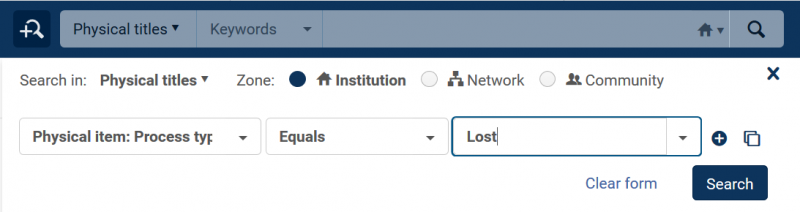 Screenshot for searching for lost items in Alma