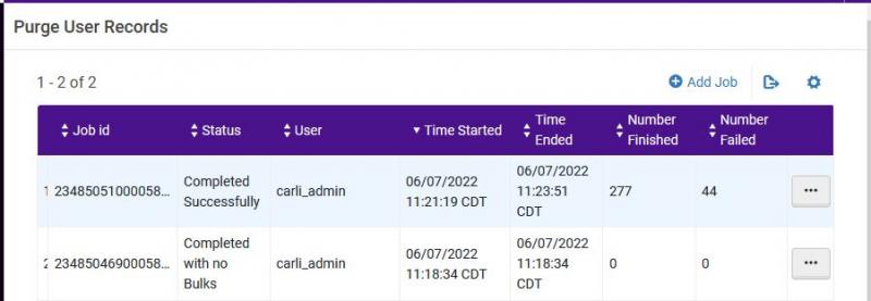 Alma's Purge User Records job page. Previous jobs are listed in table with columns Job ID, Status, User (who ran the job), Time Started, Time Ended, Number Finished (records deleted), Number Failed (records retained). Each row has an actions menu button on the right indicated by ... Above the table is a button to Add Job.