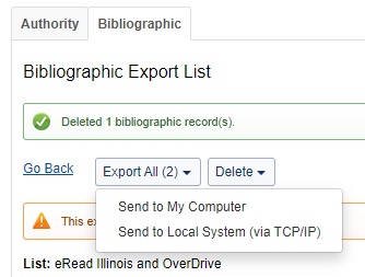An image of the Record Manager export list with Export All button activated and two menu options displayed.