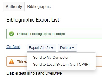An image of the Record Manager export list with Export All button activated and two menu options displayed.