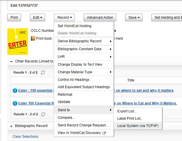 An image of Record Manager displaying a bibliographic record and cover image, with the Record menu expanded to the Send To sub-menu with three options displayed.