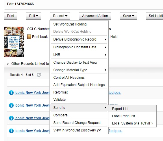 An image of Record Manager displaying a bibliographic record and cover image, with the Record menu expanded to the Send To sub-menu with three options displayed.