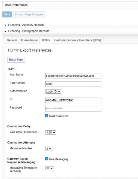 An image of TCP/IP configuration information for Record Manager to export bibliographic records to the CARLI network zone. 