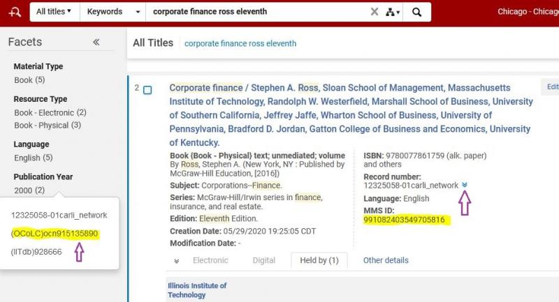 Alma all titles search results screen of the network zone, showing the search of All titles on Keywords corporate finance ross eleventh. The search included multiple results, result number 2 is shown with the MMS ID 991082403549705816 highlighted. The toggle for the Record Number list is indicated, and has been clicked to show three record numbers on the left, and (OCoLC)ocn915135890 is highlighted.