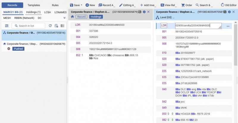 The Alma metadata editor screen, showing the record list on the left, with a network record for Corporate finance (991082403549705816) and an institution record for Corporate finance (9932602010605879); the holdings record that has been relinked, with title bar information Corporate finance (2215035850005879); and the new bibliographic record, with title bar text Corporate finance (991082403549705816).