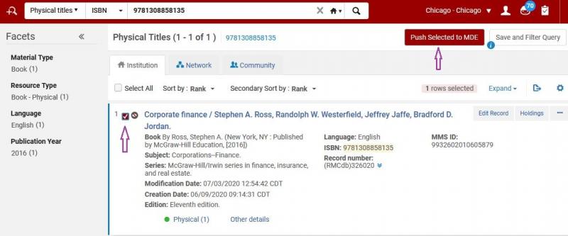 Alma physical titles search results screen, following a search of Physical Titles using ISBN 9781308858135. Screen shows one result for Corporate Finance. A check box to select the title is active, and the button for Push Selected to MDE is highlighted.