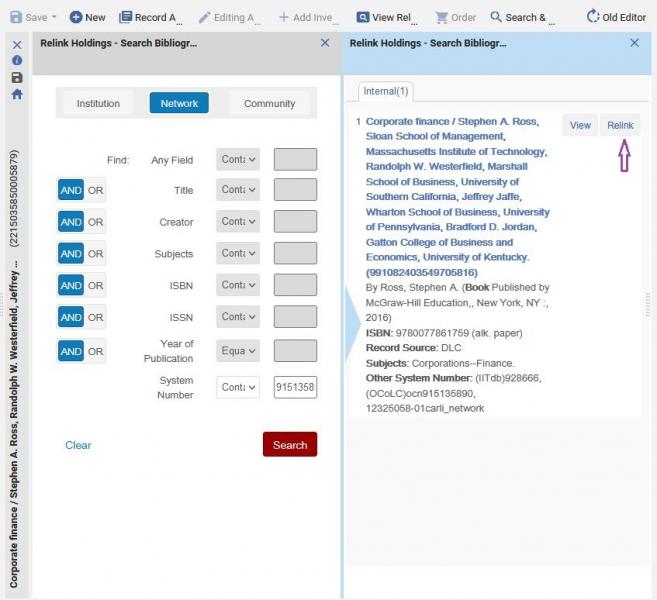 The Alma metadata editor showing a split screen view of the holdings minimized to a title bar on the left, a pane labeled Relink Holdings - Search Bibliogr... showing the search dialog, and a pane labeled Relink Holdings - Search Bibliogr... showing the search results. The Relink button is highlighted.