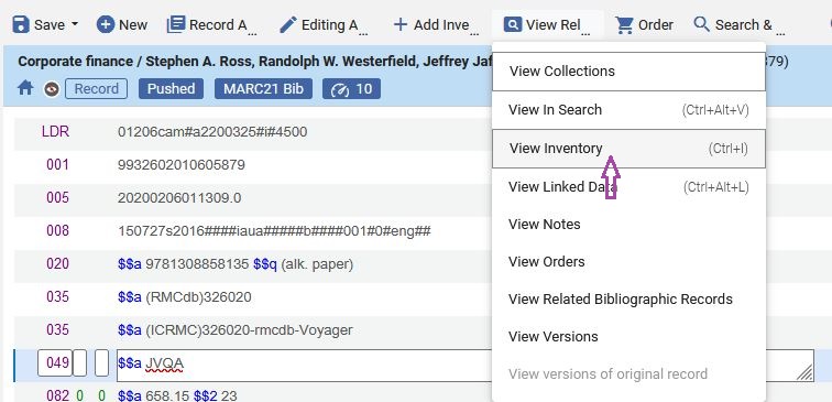 The Alma metadata editor screen showing a bibliographic record and the View Related Data menu displayed to the View Inventory (Ctrl+I) menu option.