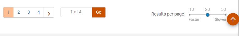 An image of the page footer for the Run a Job - Select Job to Run page. The footer contains a page selector, here showing buttons for pages 1 (blue text on light orange background), 2, 3, and 4 (all blue text on white), and a next page arrow (black > with orange outline). To the right is a page selector where user may enter a page and click a Go button (white Go on orange background). To the far right is a Results per page slider, with the middle value 20 selected; the left value 10 has text faster underneath; the right value 50 has text slower. An orange button with a white arrow pointing up is present to return the user to the top of the page.