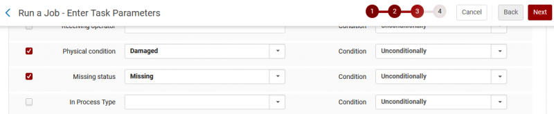 Image of the Run a Job, Enter Task Parameters screen, focused on the Physical Condition row. Tick the box and select a status of Damaged to be applied unconditionally.