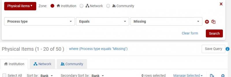 Image of an Alma advanced search for Physical Items with Process Type Equals Missing.