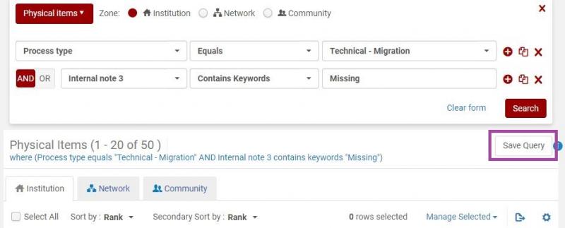 Image of an Alma advanced search for Physical Items, using Process type equals "Technical - Migration" and Physical item: Internal Note 3 Contains "Missing". The results of the search are found under the heading Physical Items, with the Save Query button called out to show how the results may be saved to a set.