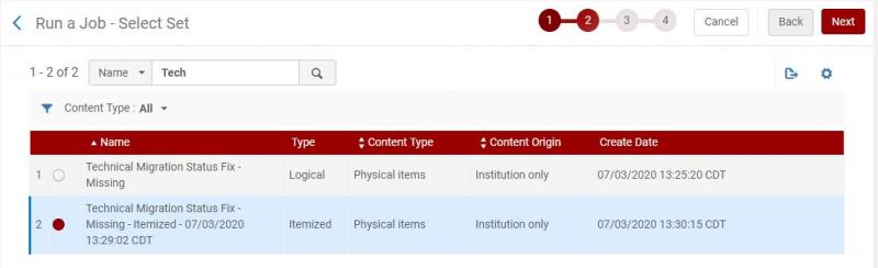 Image of the Run a Job, Select Set screen. A button to the left of the set name, Technical Migration Status Fix - missing itemized, indicates that this row is selected.