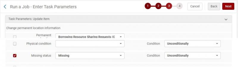 Image of the Run a Job, Enter Task Parameters screen, focused on the Missing Status row. Tick the box and select a status of Missing to be applied unconditionally.