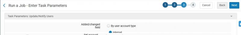 A view of the task parameters screen for the Update/Notify Users job that shows the Add/Changed Field parameter set to "internal."