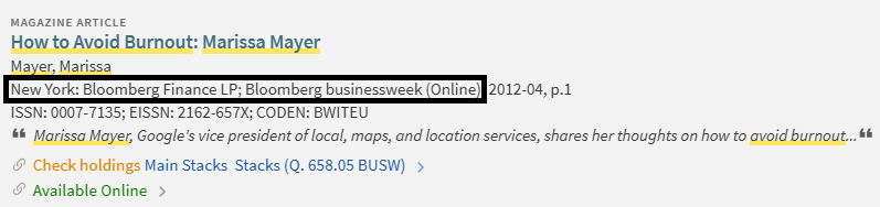 Screenshot of How to Avoid Burnout article record in Primo VE