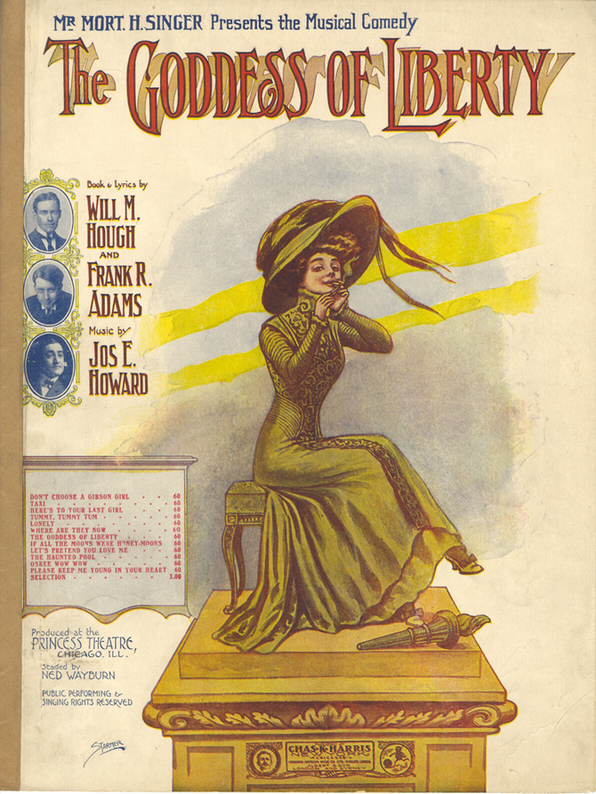 Sheet music cover of The Goddess of Liberty, composer Joseph E. Howard, 1909, illustration by Starmer